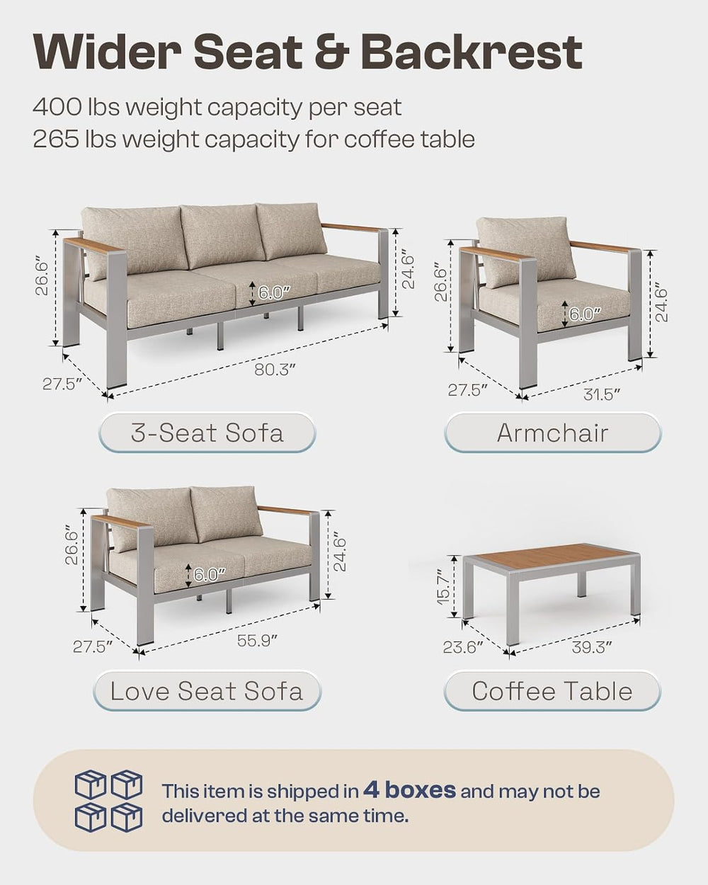 Aluminum Outdoor Patio Furniture Armchair, All-Weather Outdoor Patio Sofa wit...