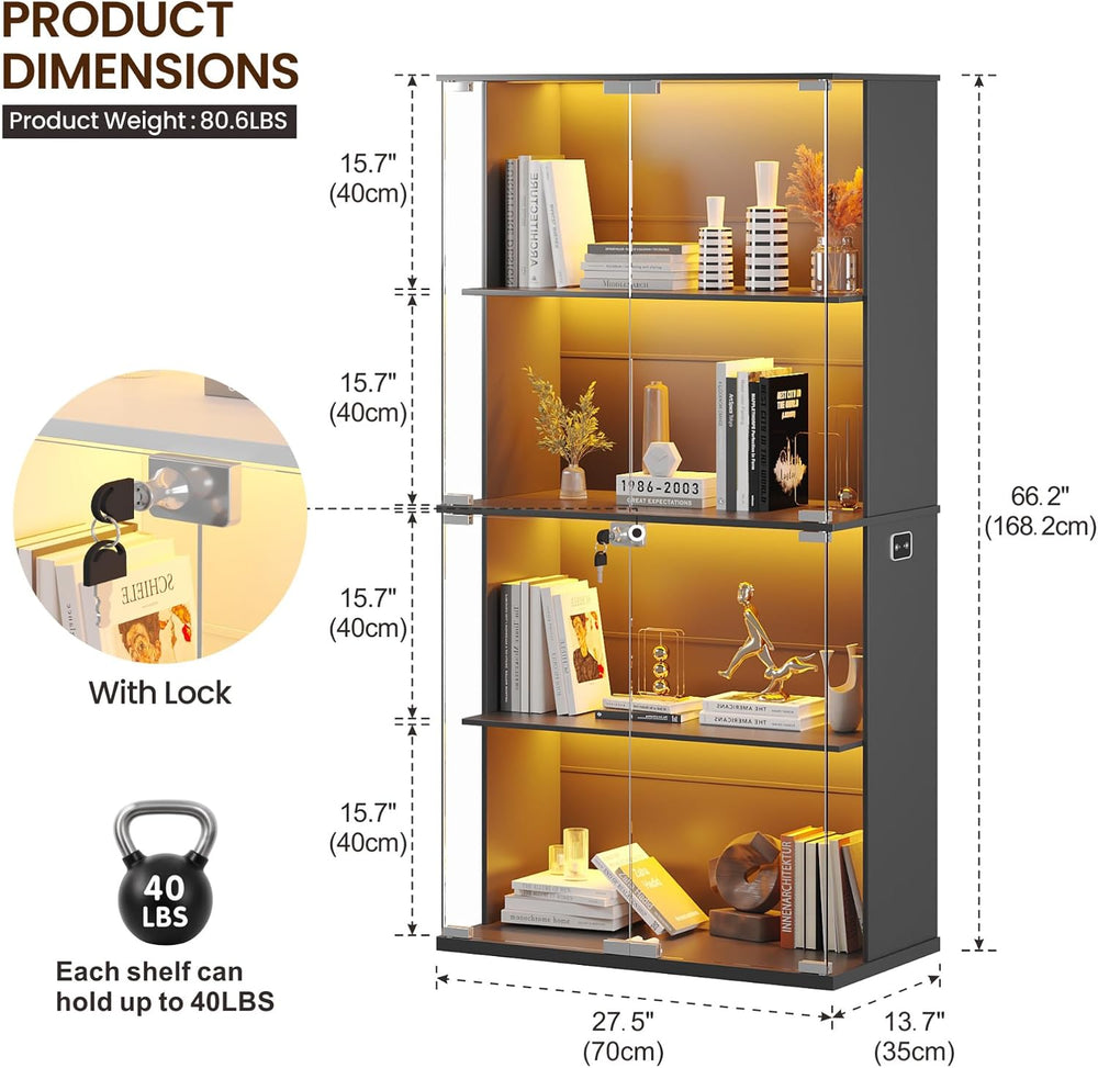 Glass Display Cabinet with 3 Color Lights for Collectibles, Black
