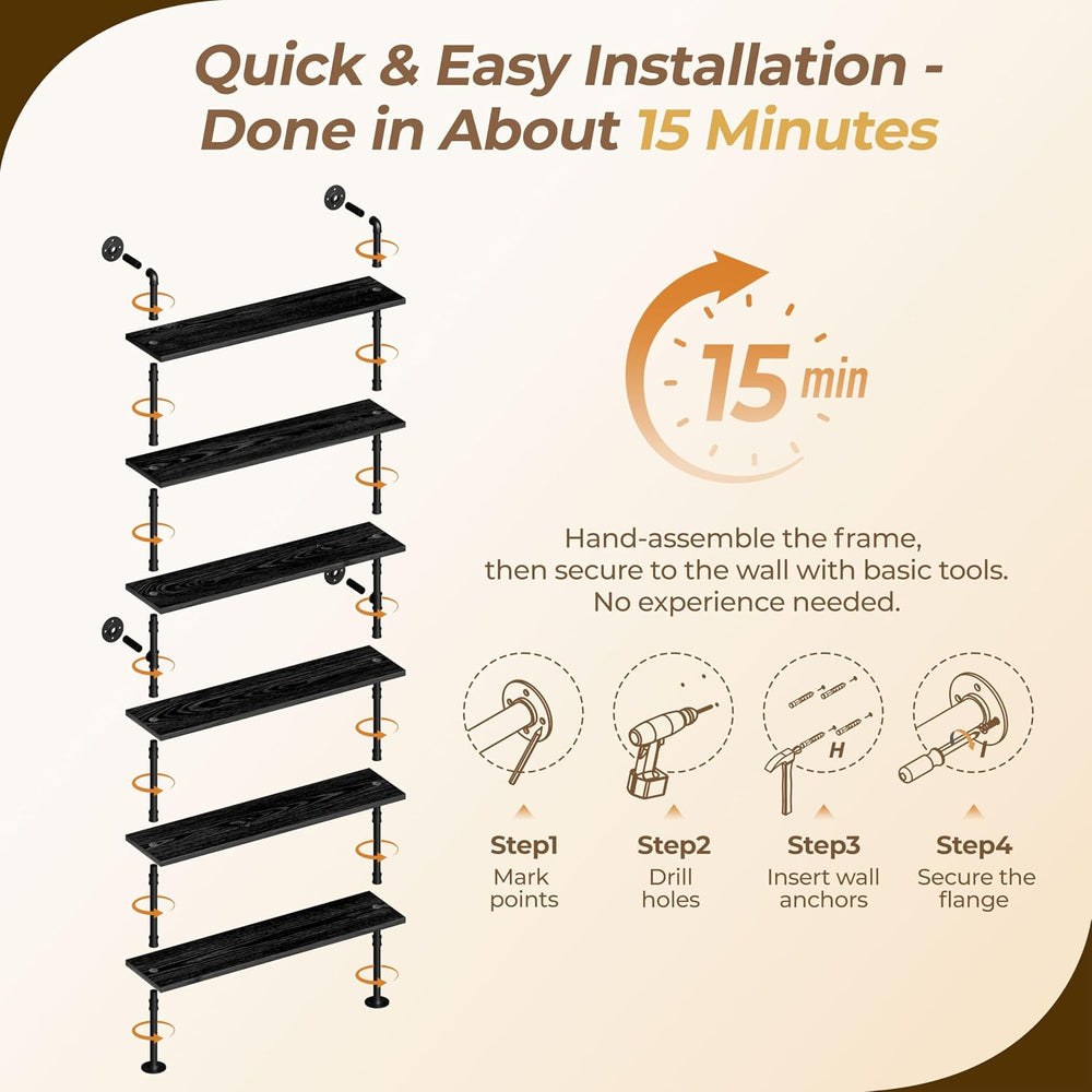 Industrial Pipe Bookshelf, Wall Mounted Shelf, 48 Inch, Black