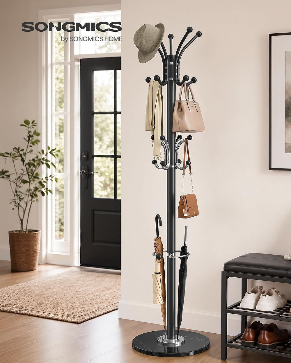 SONGMICS Freestanding Coat Rack, Marble Base, 18 Hooks, Umbrella Holder