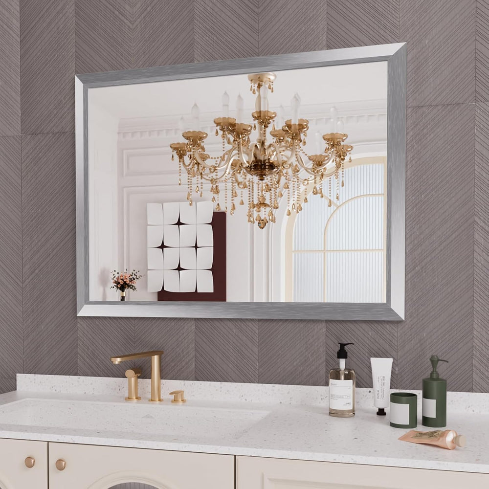 Amorho Bathroom Mirror for Wall 48x36 Inch, Brushed Silver Metal Framed