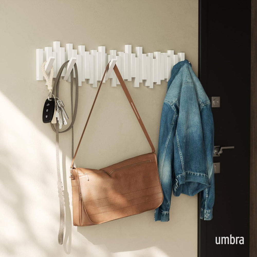 Umbra Sticks Wall Coat Rack, Wall Mount 8 Retractable Hooks, White