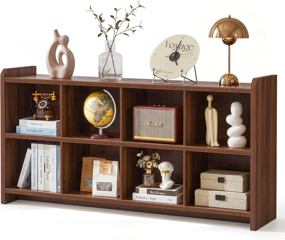 8 Cube Low Storage Organizer, 63" Long Horizontal Bookshelf, Walnut
