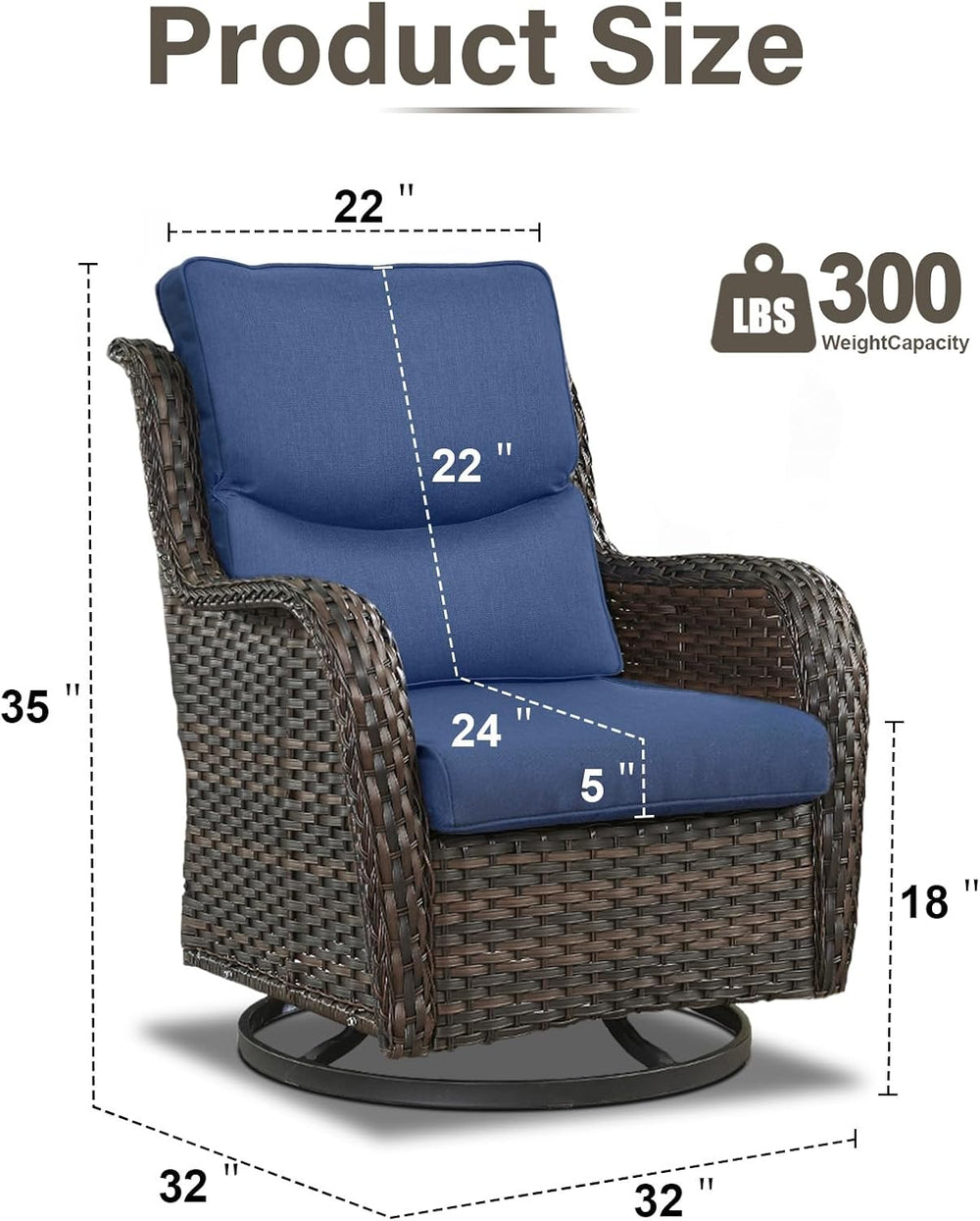 Swivel Patio Chairs Set of 2 with 5" Thick Cushion - Wicker Outdoor Swiv...