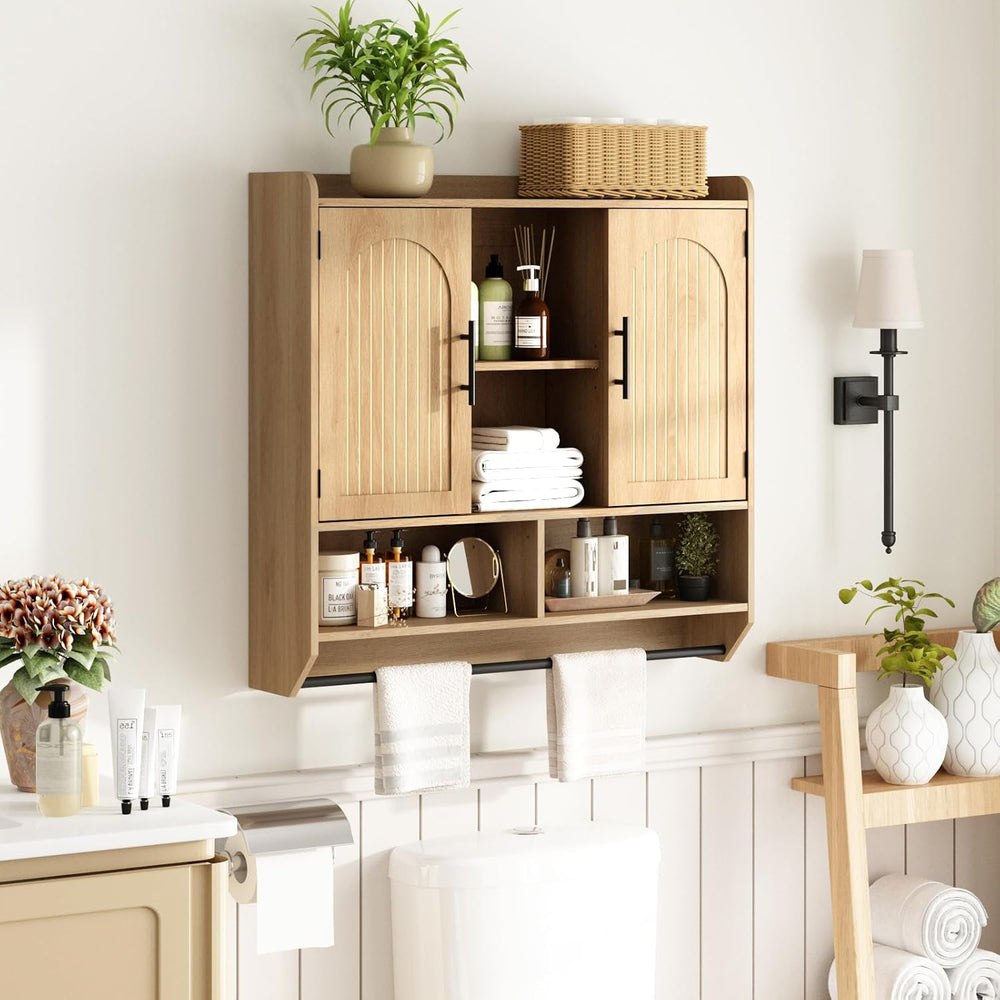 RUSTOWN Fluted Bathroom Wall Cabinet with Arched Doors & Adjustable Shelves