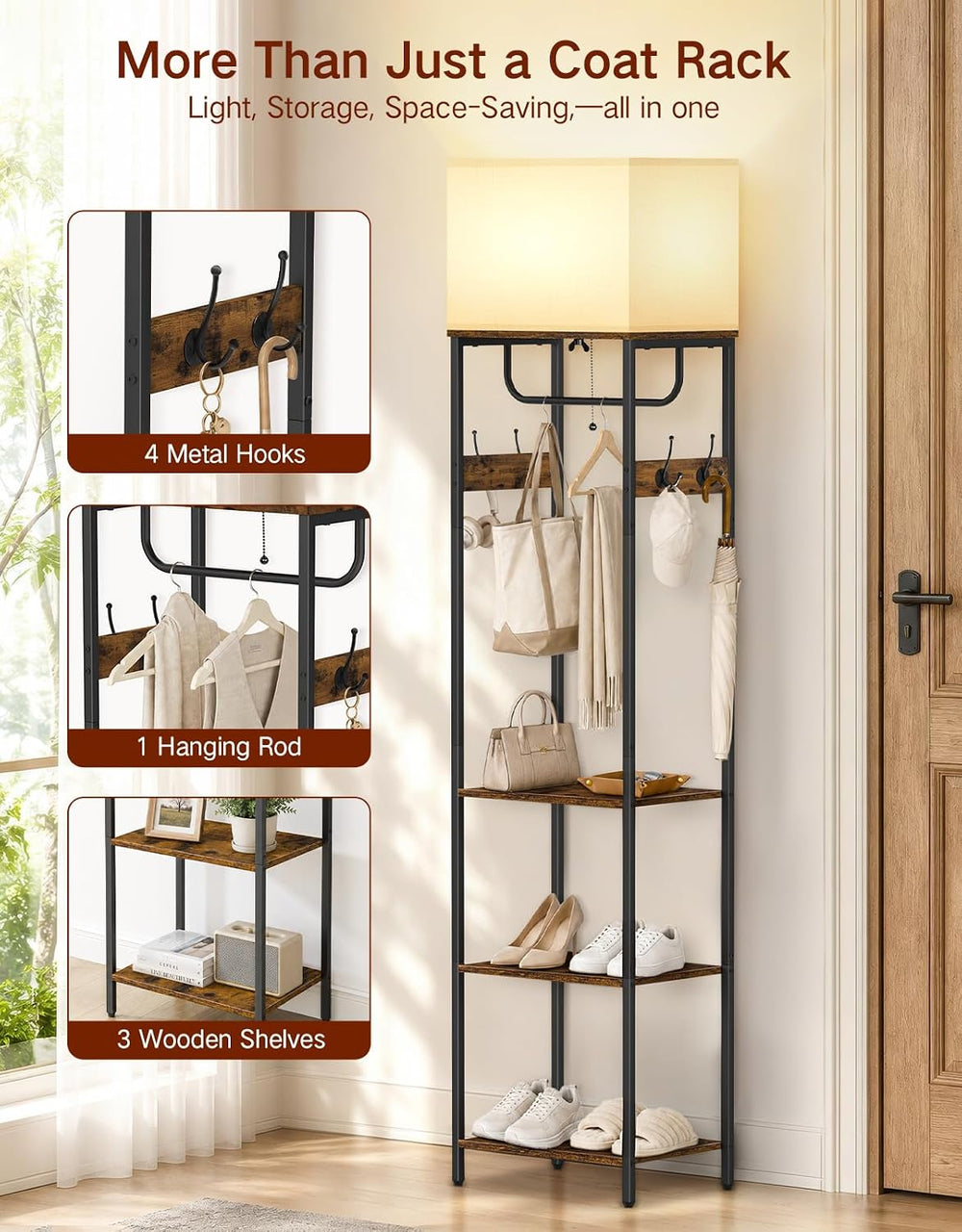 Compact Coat Rack with Lamp & Remote, 3 Color Temperatures