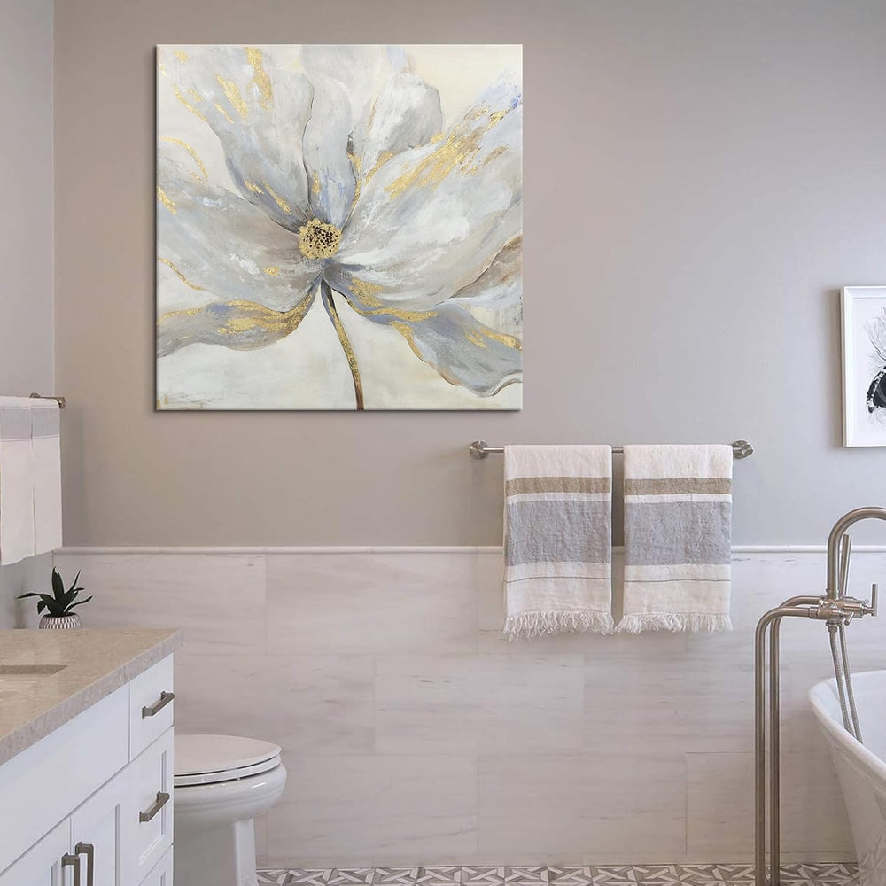 Goldfoilart Floral Wall Art Gold Flower Canvas Pictures with Foil Embellishme...
