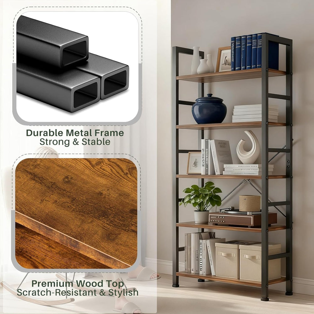 5 Tier Bookshelf, Free Standing Bookcase with Open Storage Shelves