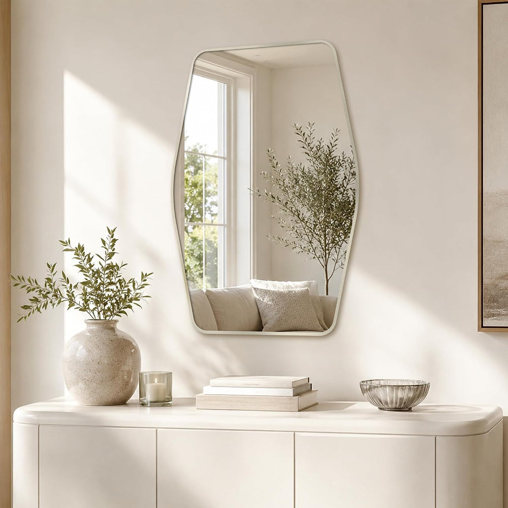 24x36 Inch Brushed Nickel Bathroom Vanity Mirror, Rounded Hexagon