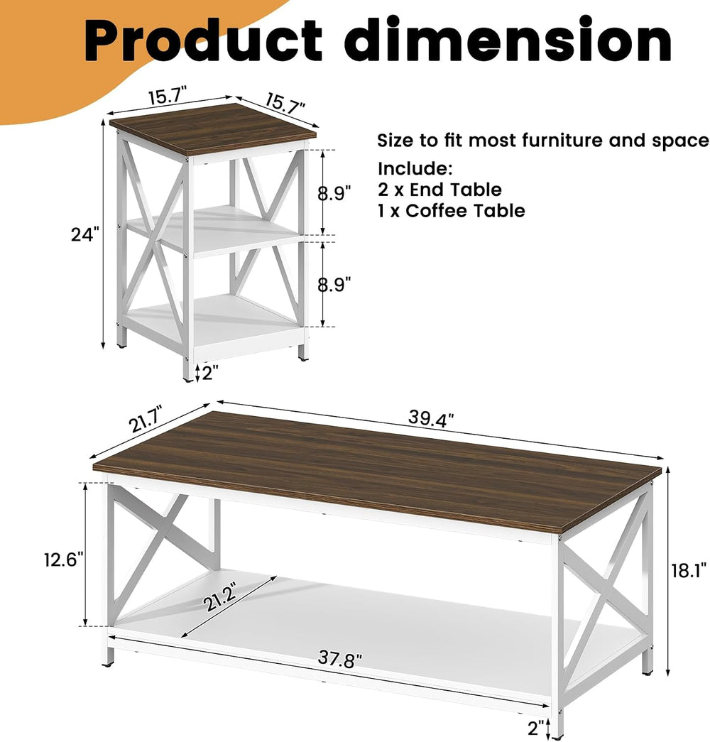 Bigbiglife Living Room Coffee Table Set of 3, Industrial X-Design Coffee Tabl...
