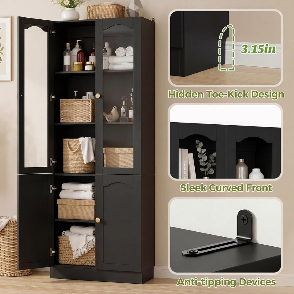 Cyclysio 80" Tall Bookcase with Arched Glass Doors, Adjustable Shelf, Black