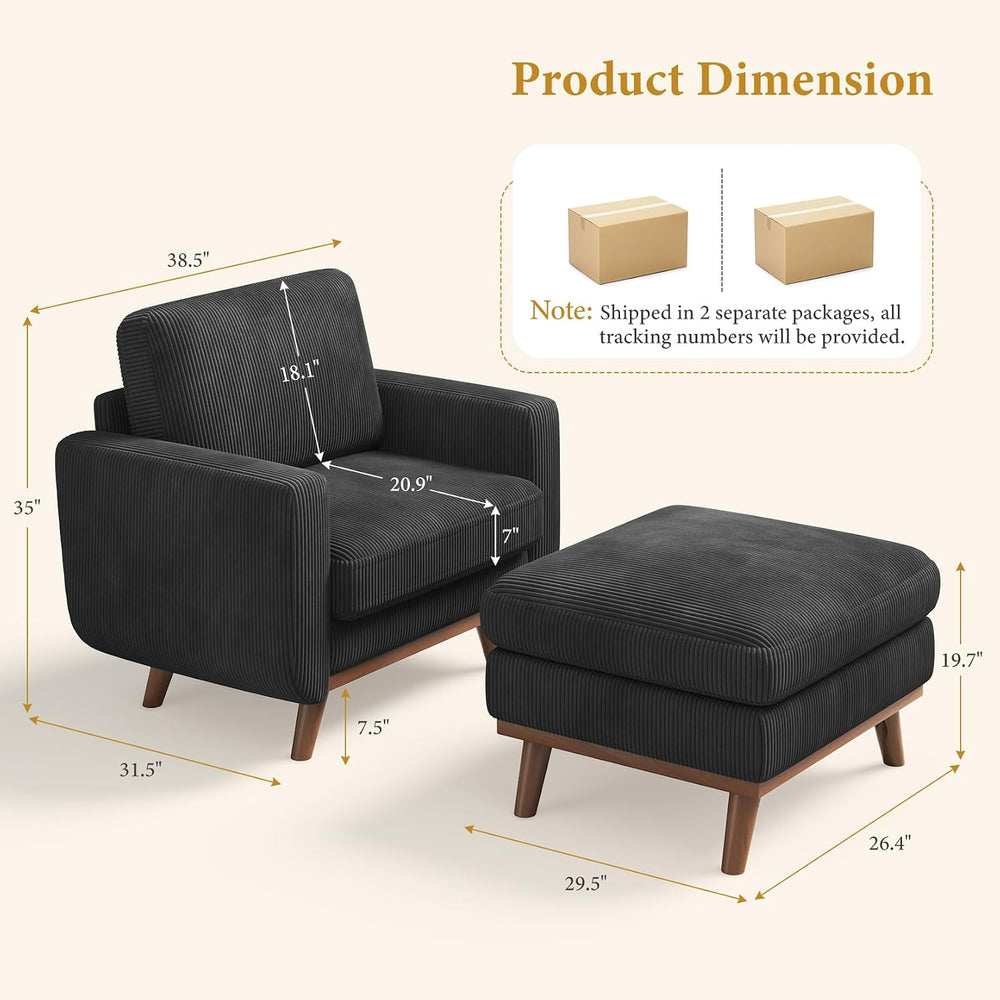 Vesgantti 38.5" Accent Chair with Movable Ottoman, Comfy Corduroy Armcha...