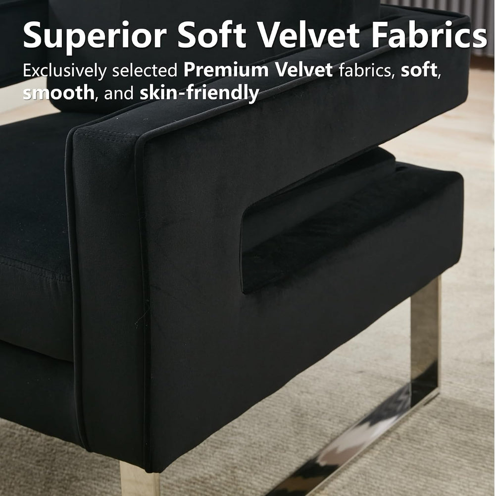 Velvet Accent Chair, Modern Armchair with Silver Base, Black