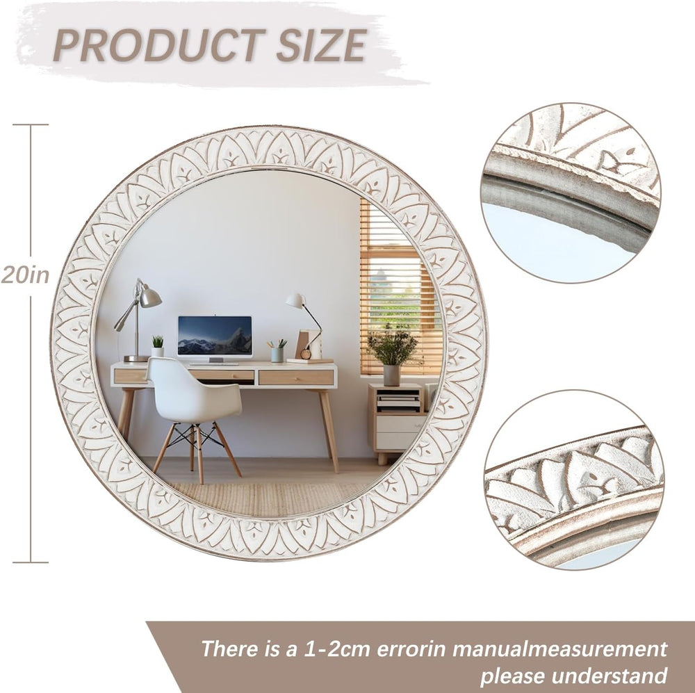 20" Round Rustic Mirror Wooden Frame Circle Mirrors, Distressed Wall Mou...