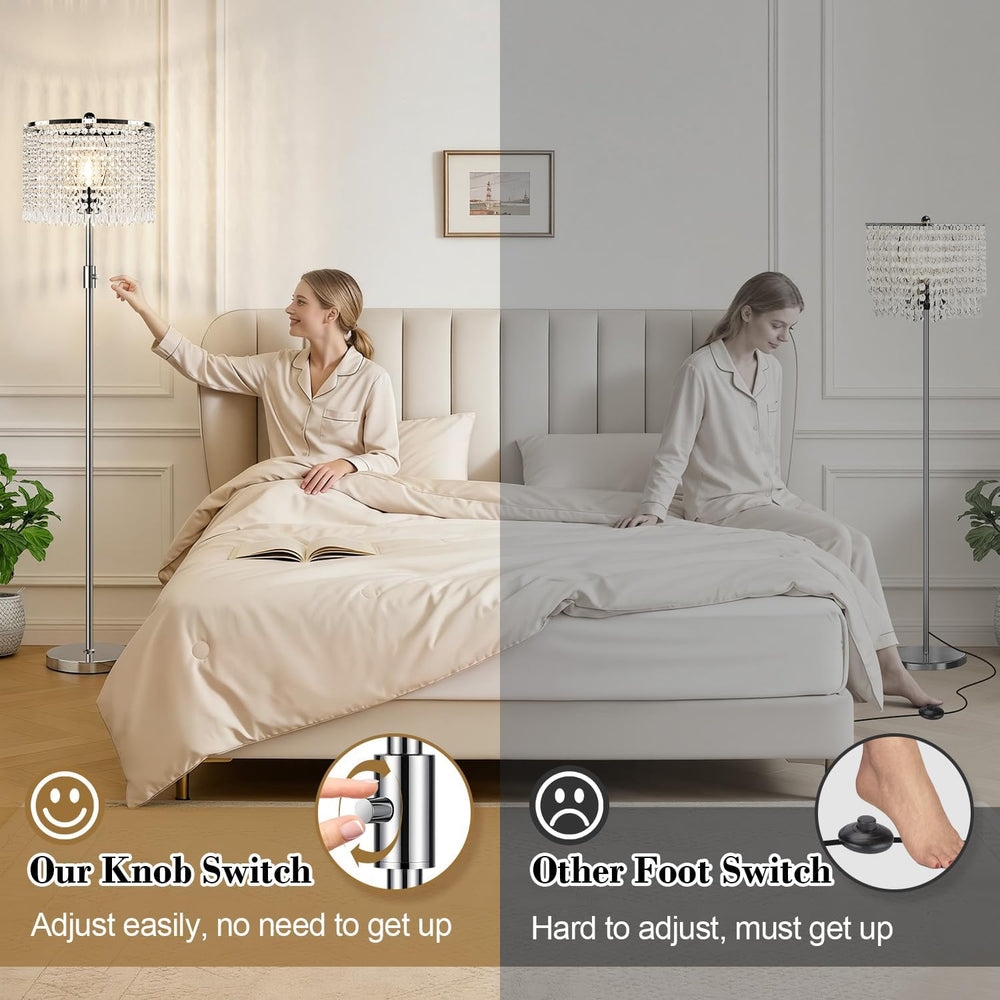 Dimmable Crystal Floor Lamp with Knob Switch,Chandelier-Style Crystal Shade