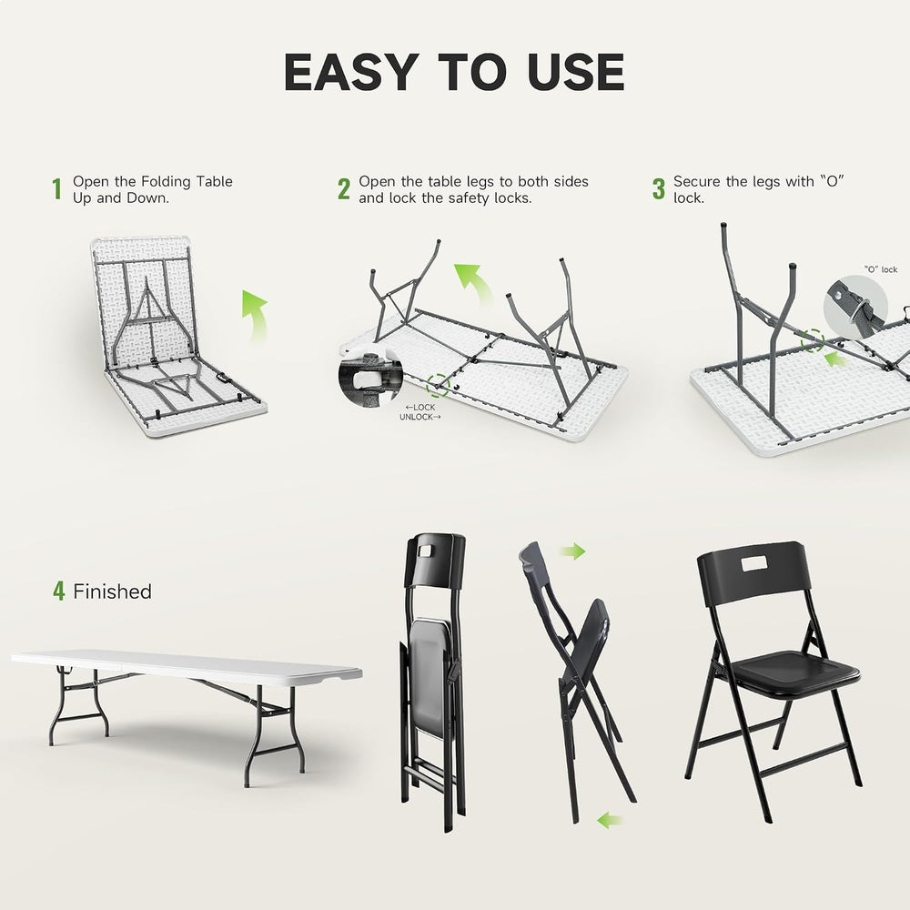 8FT Folding Table Set with 8 Chairs – Heavy-Duty 660 lb Table & 330 lb Ch...