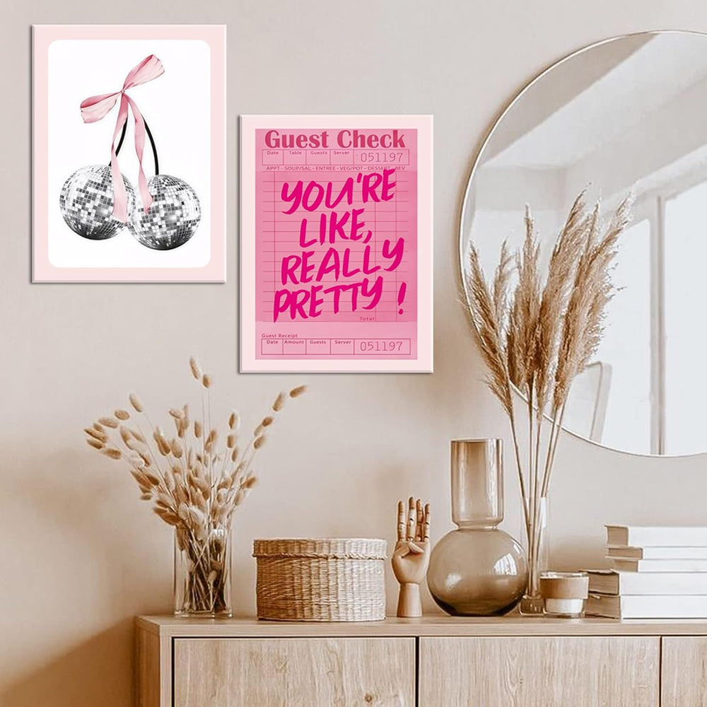 Pink Preppy Wall Art Framed Set of 3 Trendy Coquette Disco Cherry Posters Ret...