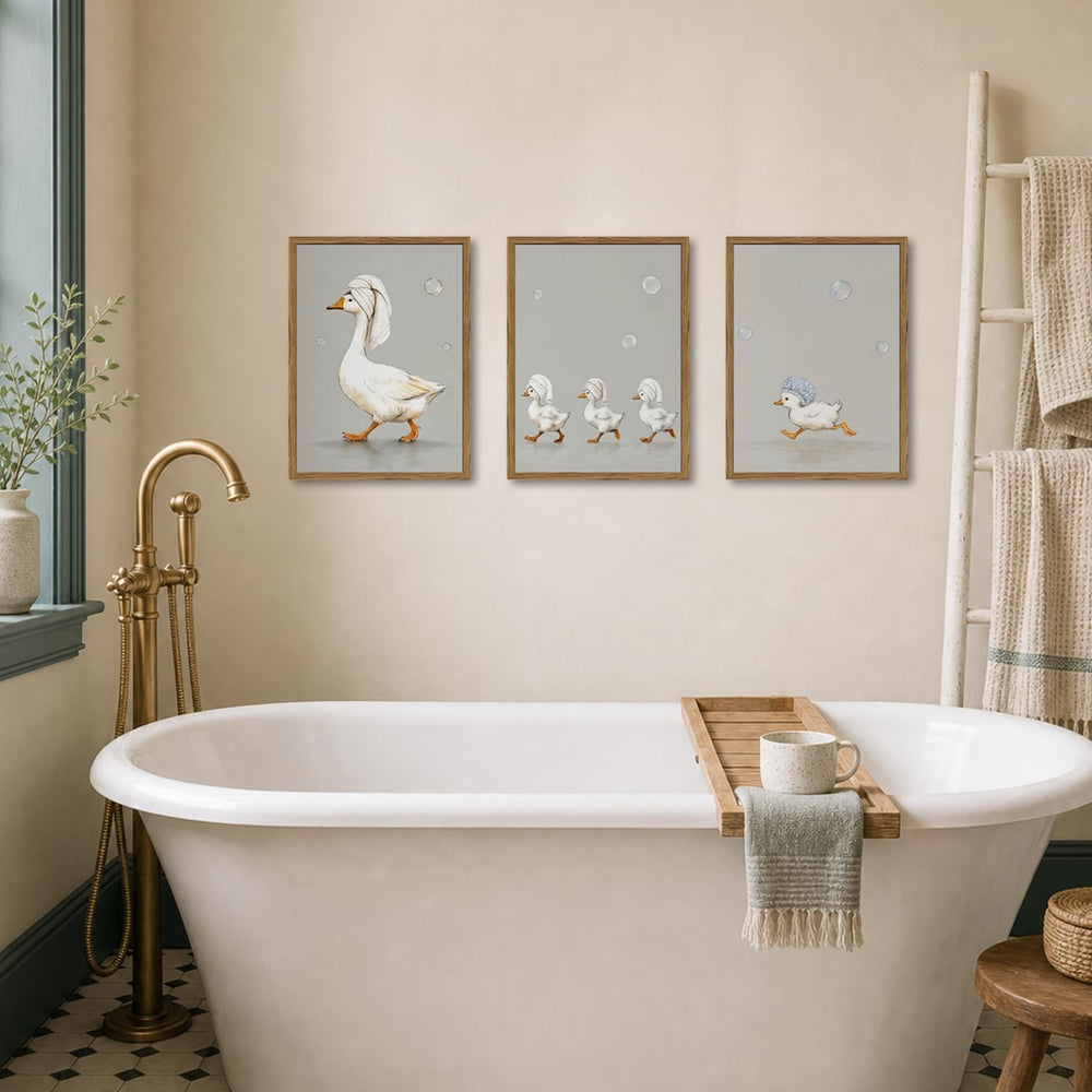 Cute Goose Bathroom Wall Art Set of 3, Funny Duck Bath Wall Decor Painting, W...