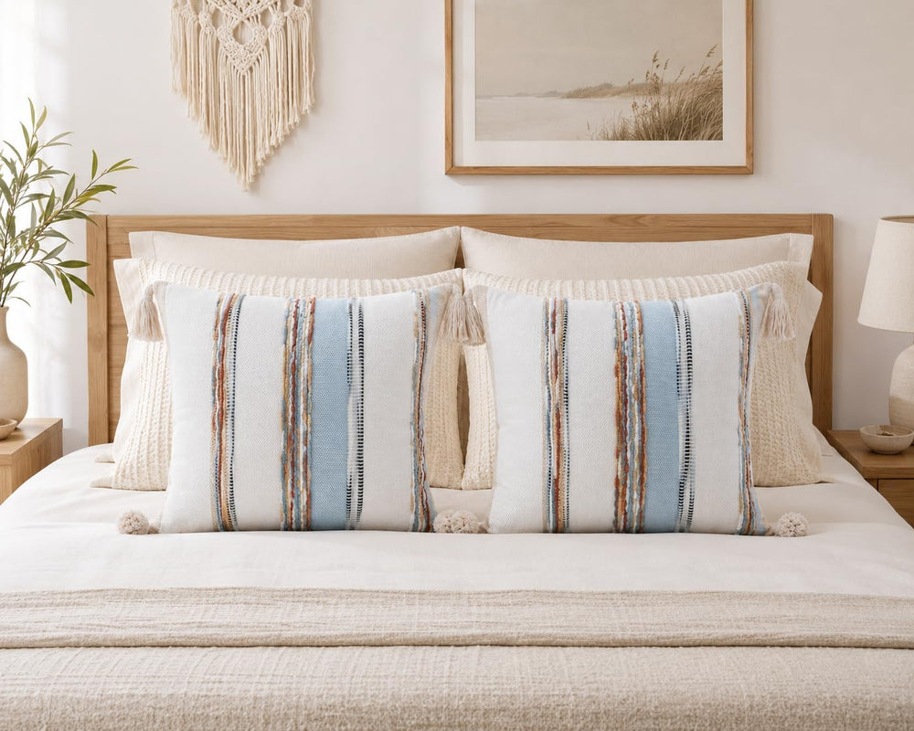 decorUhome Cream White and Light Blue Throw Pillow Covers 18x18 Set of 2