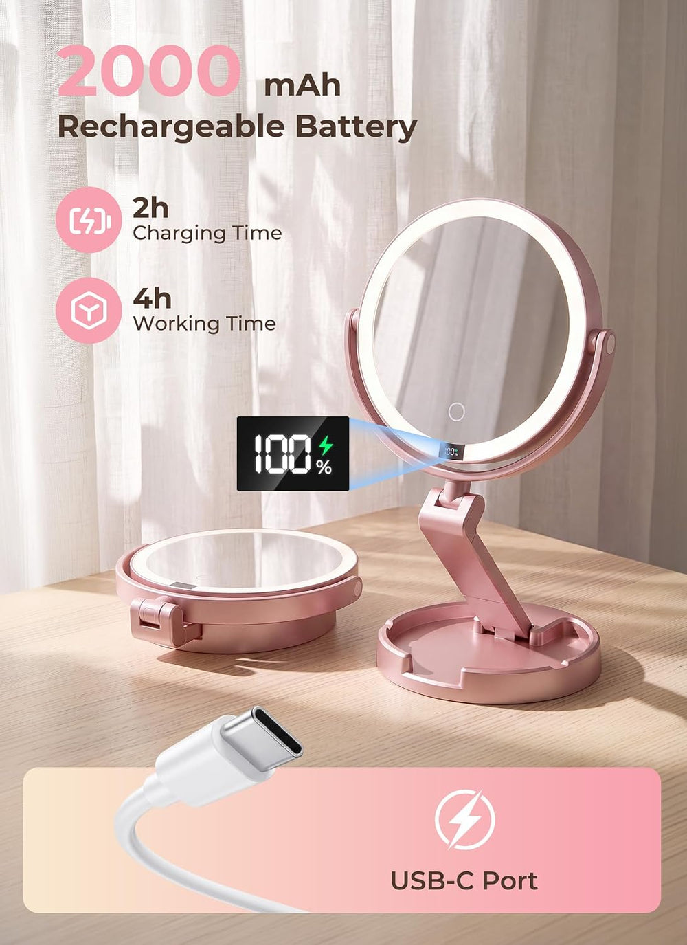 Lighted Travel Makeup Mirror,1X/10X Magnification,3 Light Modes, Rose Gold