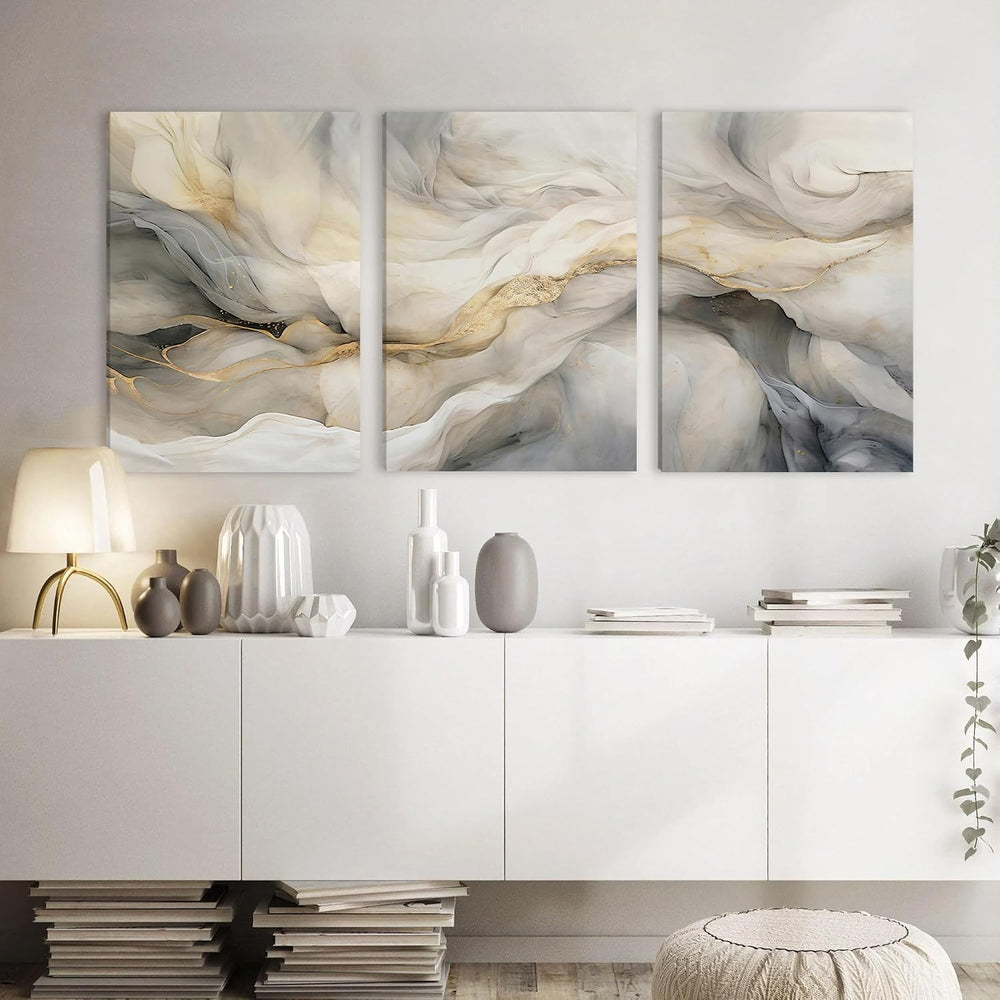 EJPFOGV Triptych Grey White Gold Wrapped Canvas Wall Art 16x24 inches x3