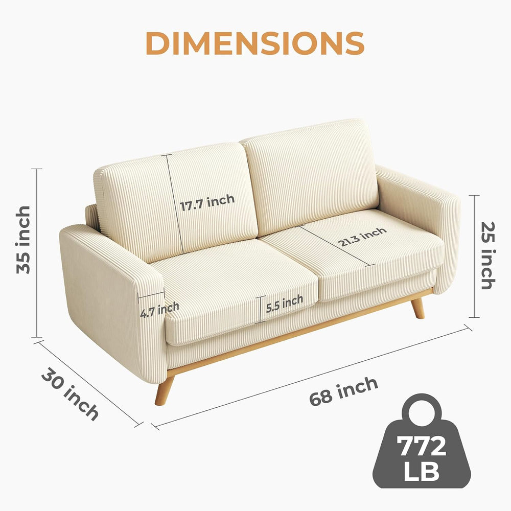 Vesgantti 68" Loveseat Sofa Beige, Comfy Corduroy Couch with Spring Cush...