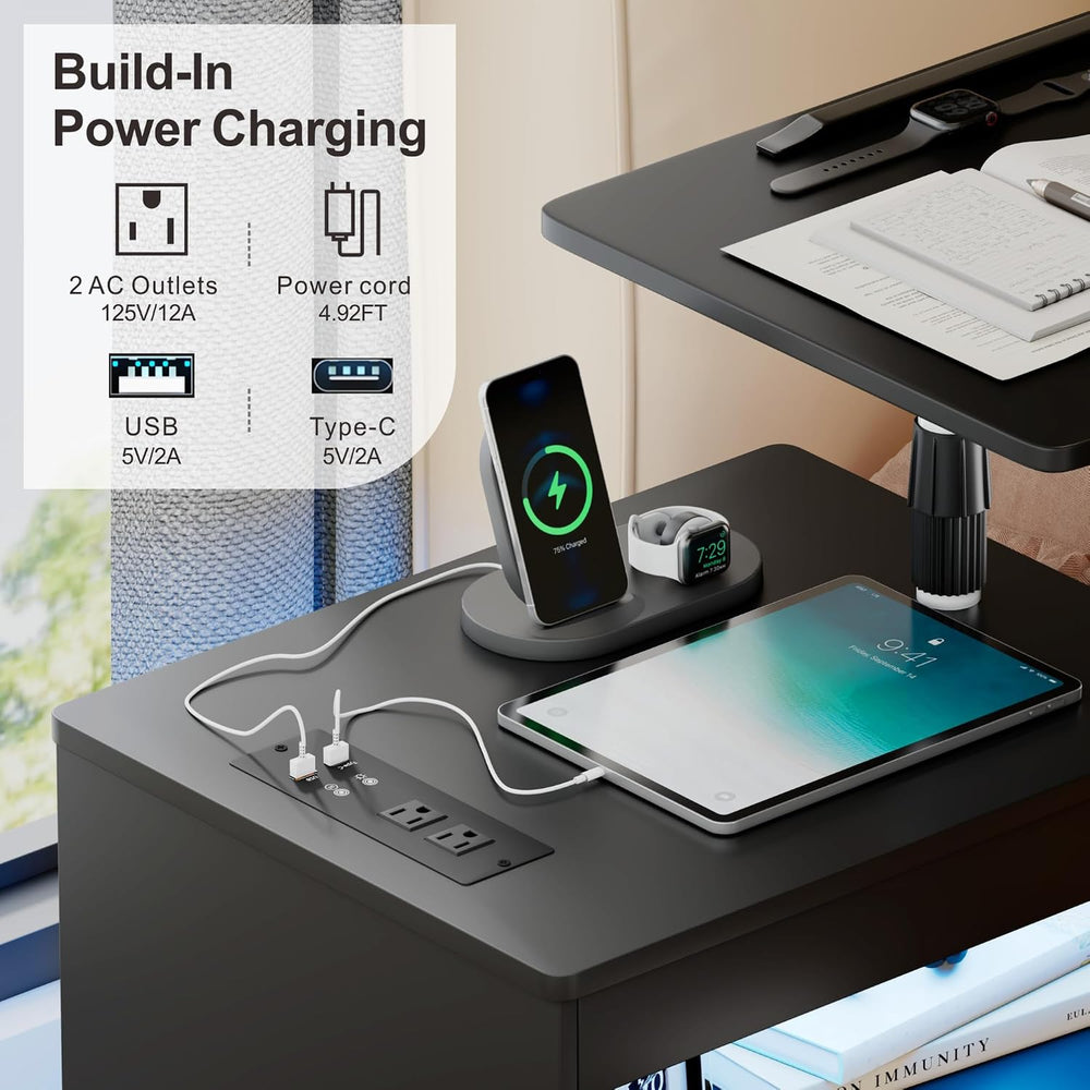 Lareth Rolling Nightstand with Wheels, LED Lights, Charging Station