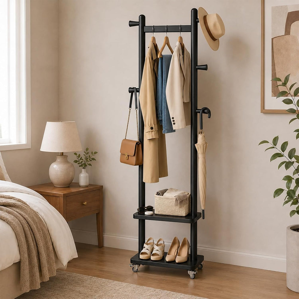 Taitiy Small Clothes Rack Solid Wood Coat Rack Freestanding with Wheels