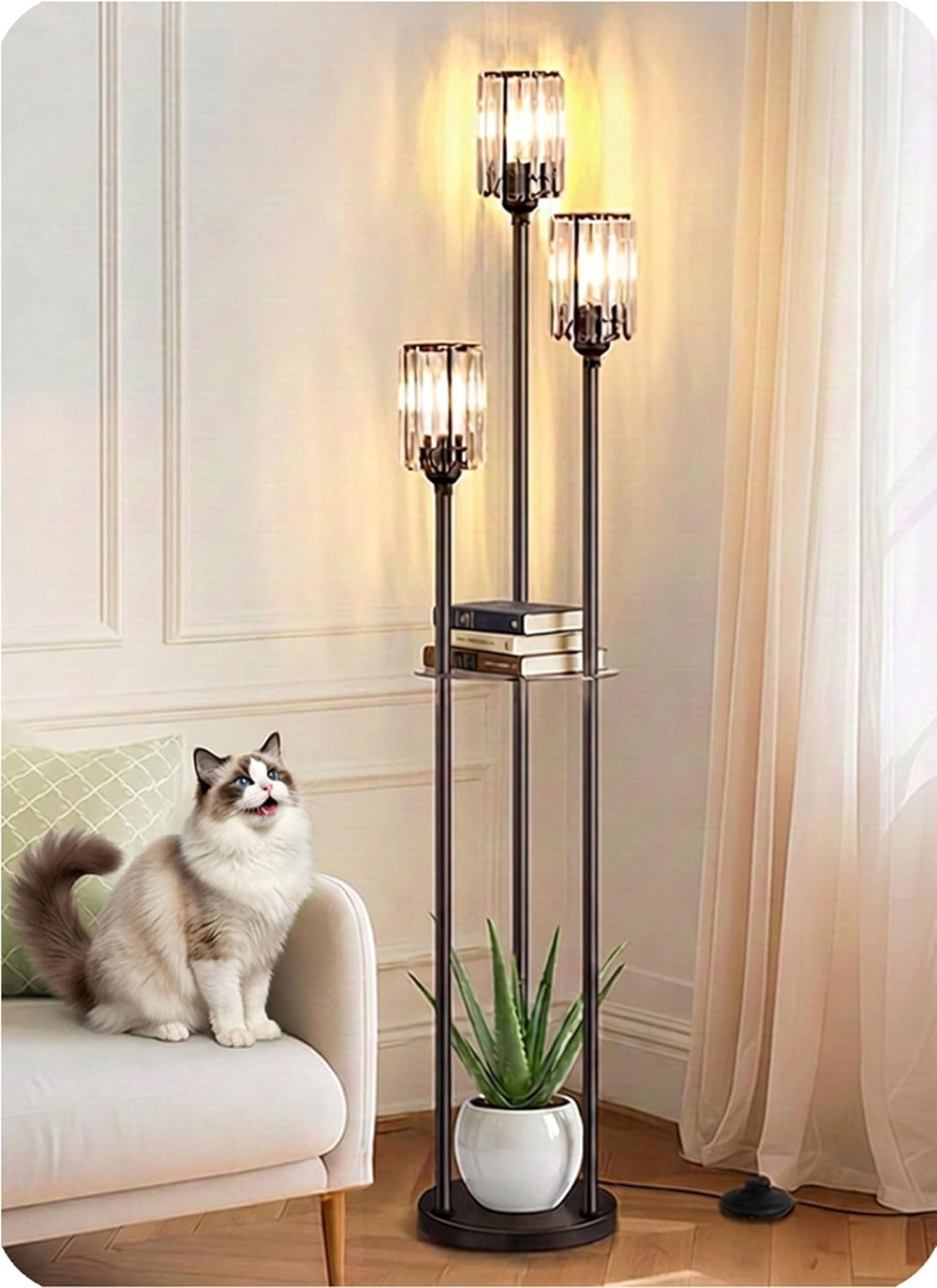 Crystal Standing Floor Lamp with Shelves for Living Room 67" Tall Black