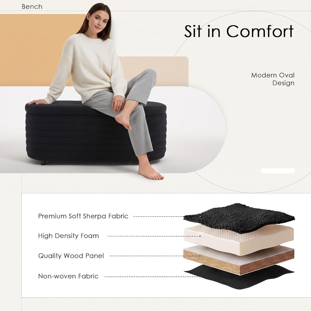 45.5" Modern Storage Ottoman Bench, Black Sherpa