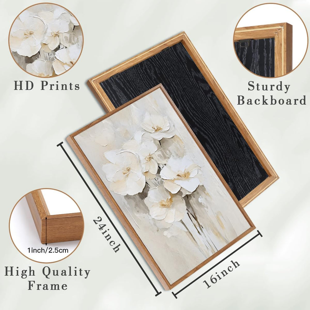 Anyzal Framed Neutral Beige Floral Wall Art Large 16x24 Inch White Cream Flow...