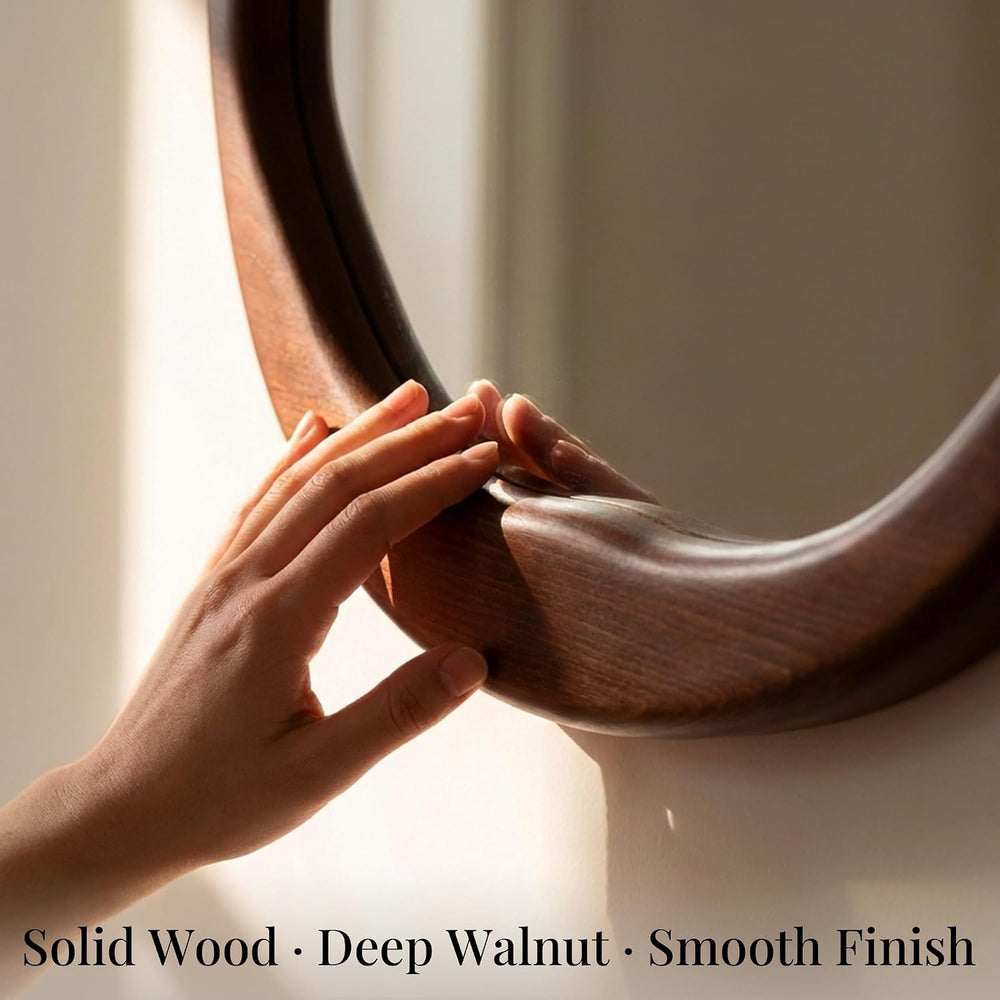 Dark Walnut 24 Inch Round Wood Wall Mirror, Asymmetrical Inner Edge