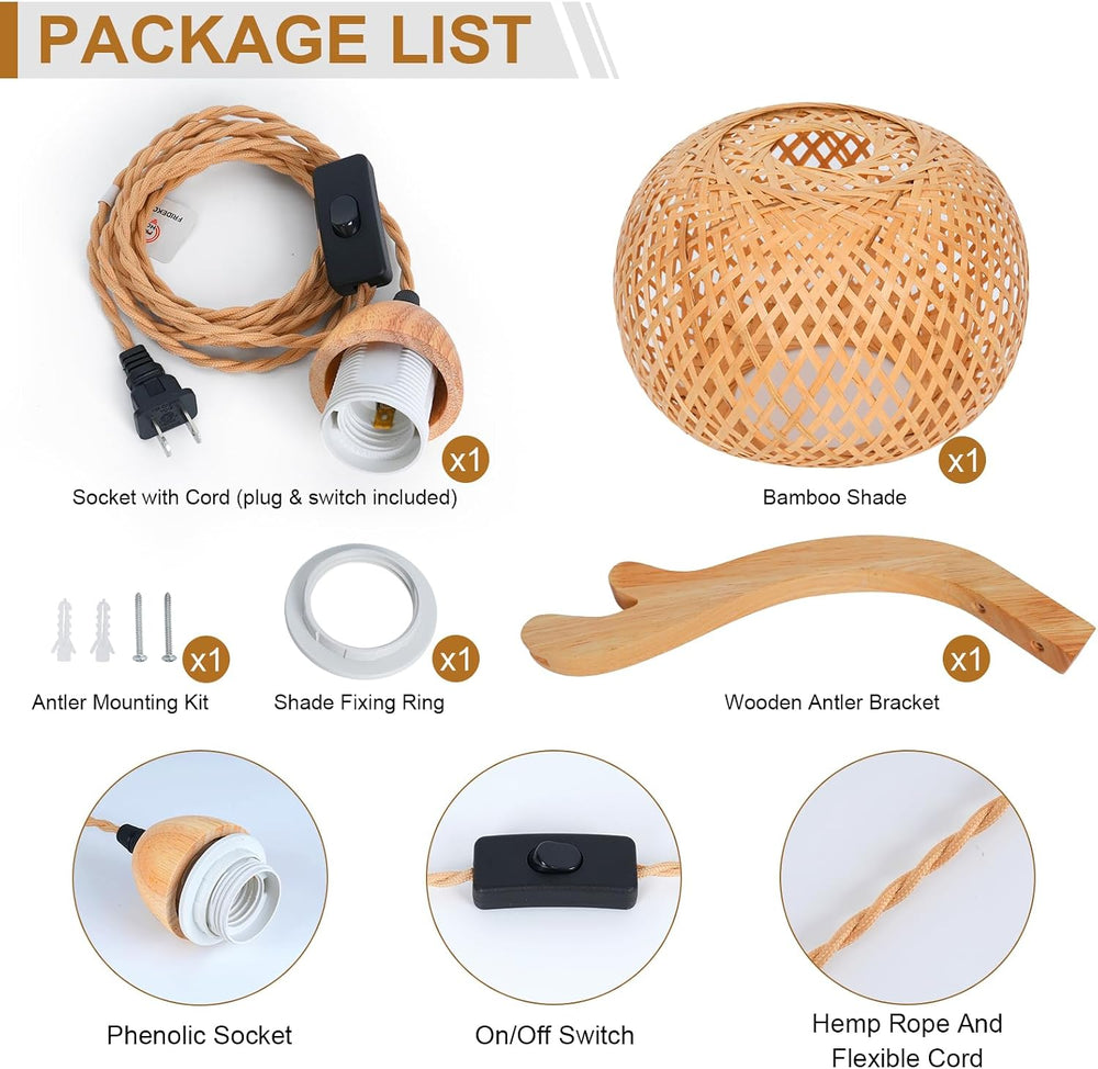 Frideko Bamboo Lantern Plug in Wall Sconces Wicker Wall Lamp with Plug in Cor...