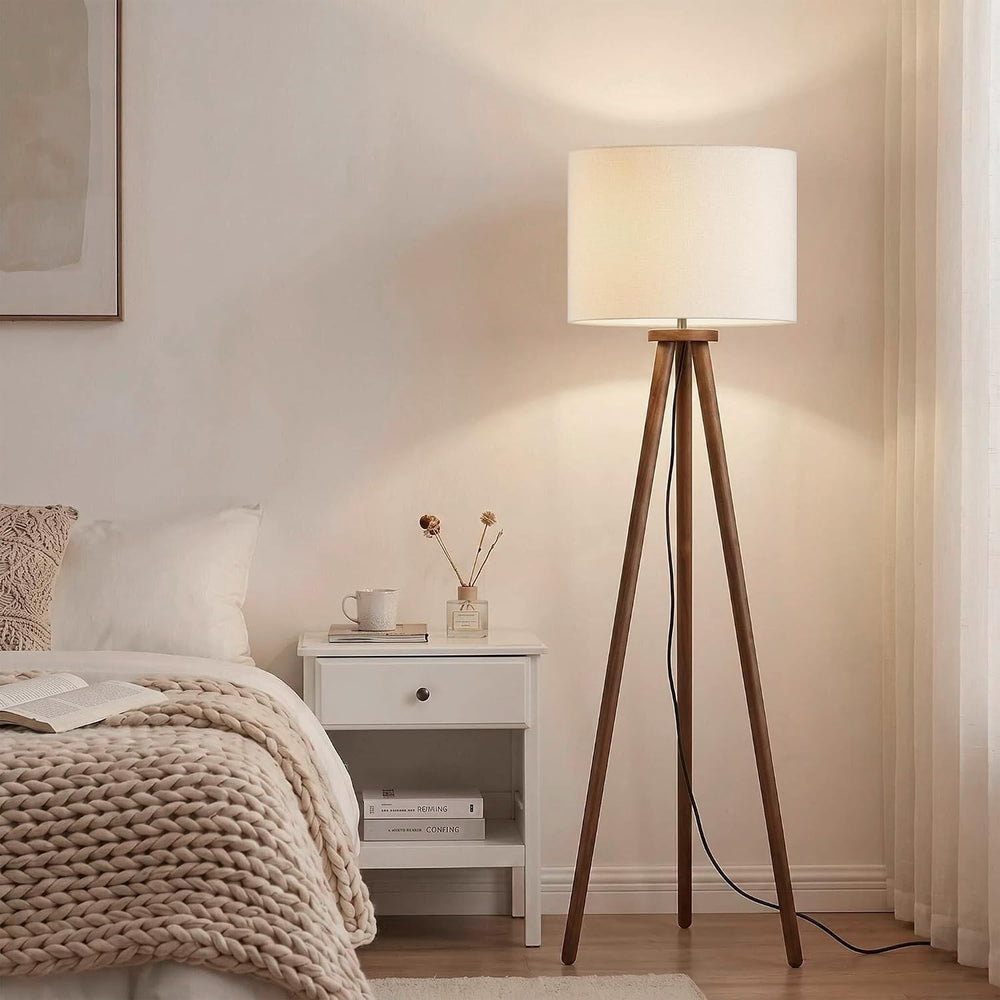 Buruis 60.6 Inch Walnut Wood Tripod Floor Lamp with Linen Drum Shade, Cream