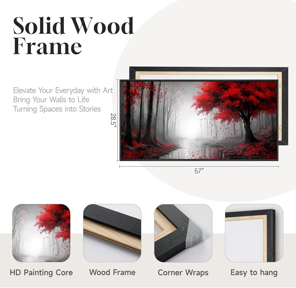 Framed Red Misty Forest Landscape Wall Art for Living Room, 60x30 Inch