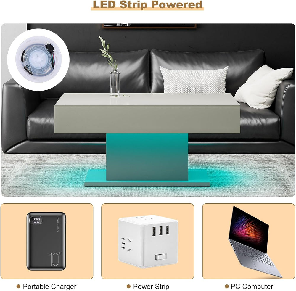 HedoAjim Grey Led Coffee Table for Living Room, Rectangular Center Table