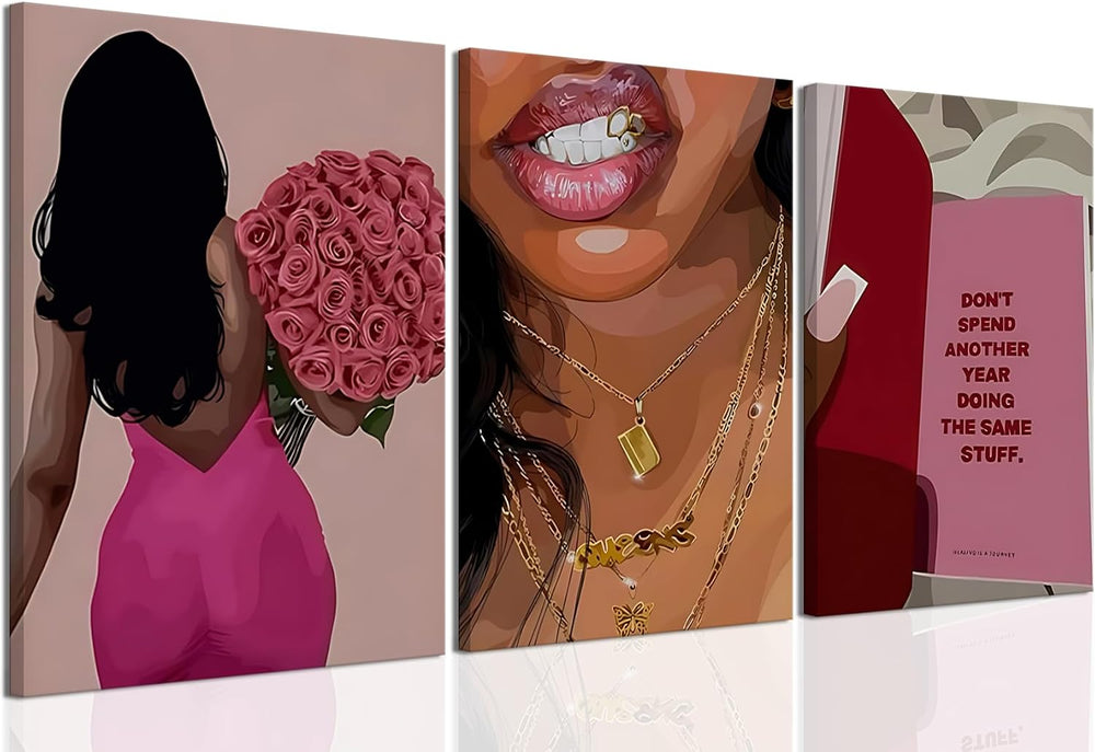 Pink Fashion Black Woman Canvas Wall Art Set of 3 African American Girl Wall ...