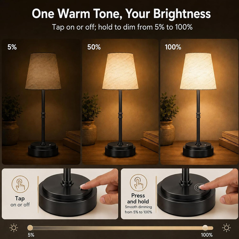 Rechargeable Cordless Table Lamp, Battery Operated Bedside Lamp, Black