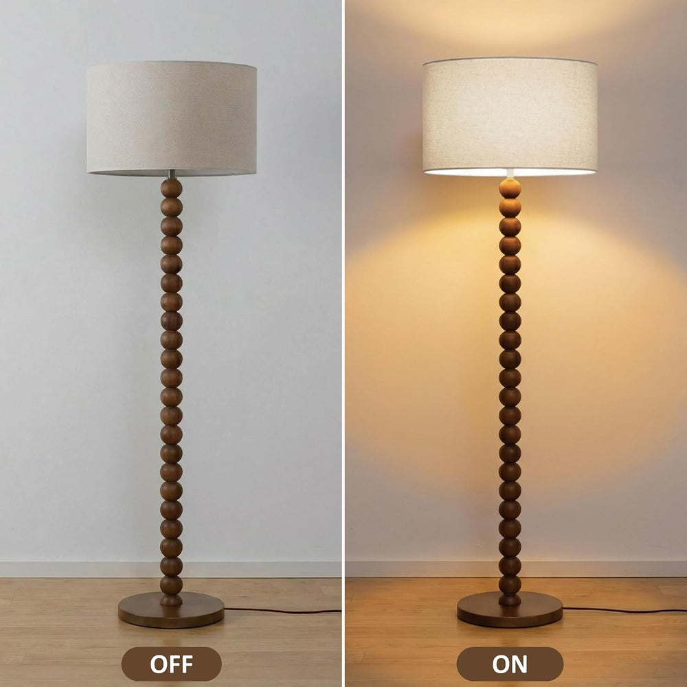 Buruis 60.6 Inch Beaded Walnut Wood Floor Lamp with Linen Shade, Cream