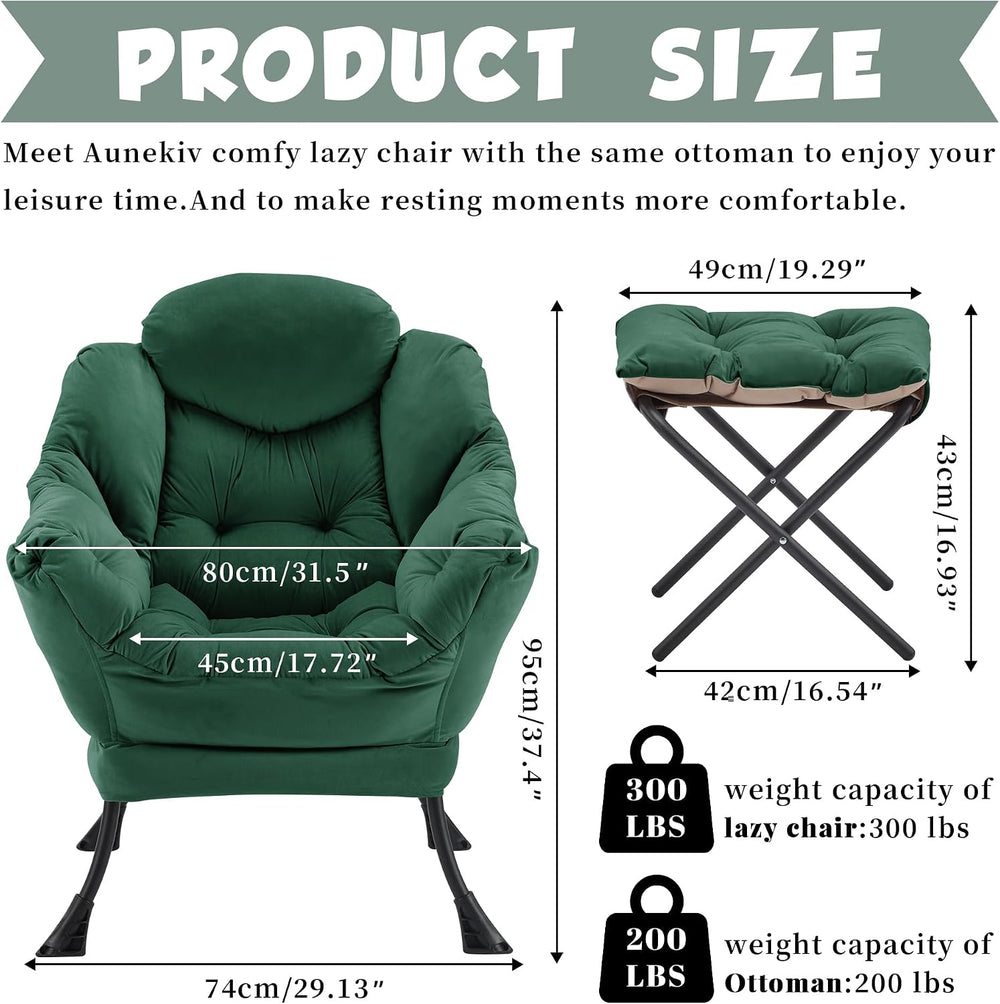 Lazy Chair with Ottoman, Comfy Reading Chair, Emerald Green