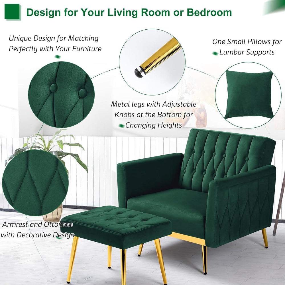 2 Pieces Velvet Sofa Set with Adjustable Armrest and Backrests, Green