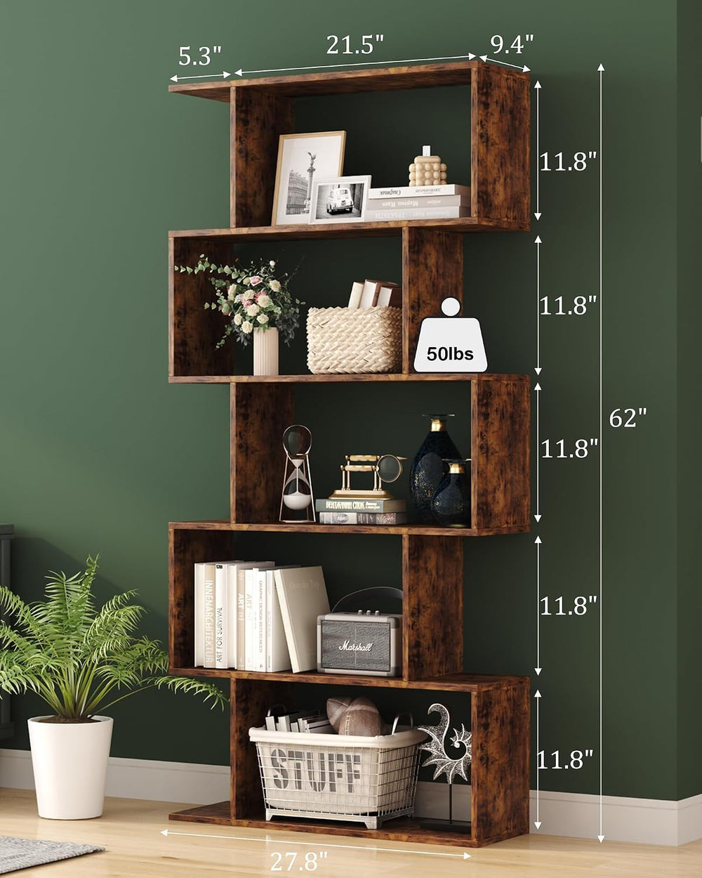 Yusong Bookshelf 5-Tier, Geometric Bookcase S Shaped Book Shelves for Bedroom...