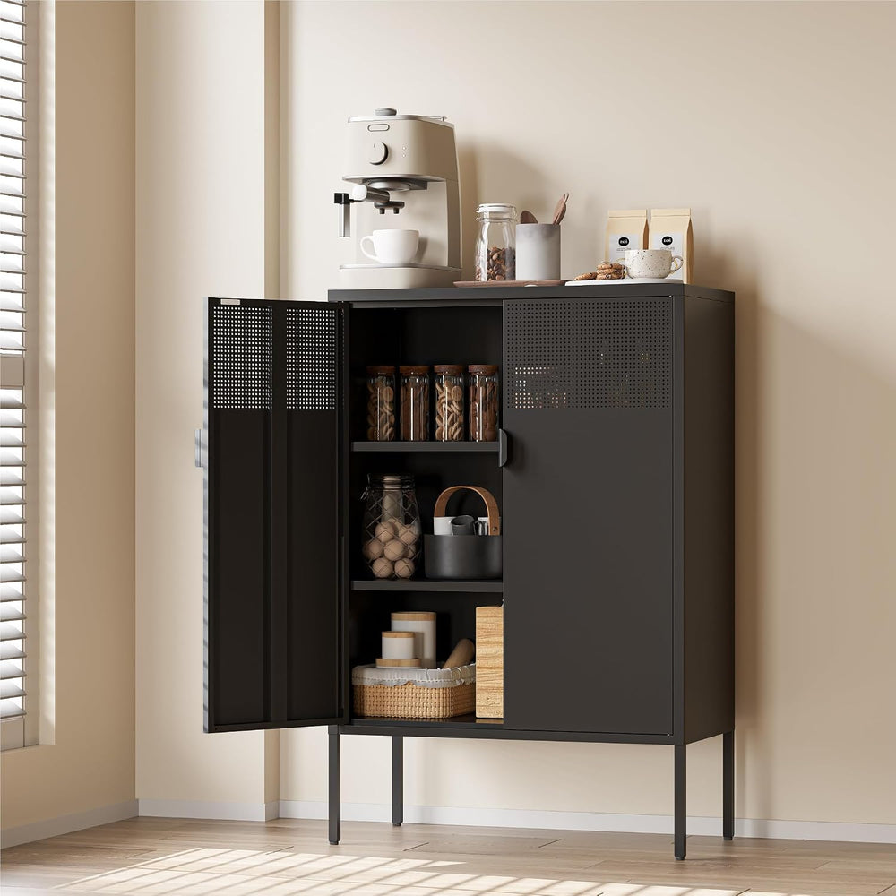 COFaR Black Metal Cabinet with Adjustable Shelves, 47”H Industrial Buffet Sid...