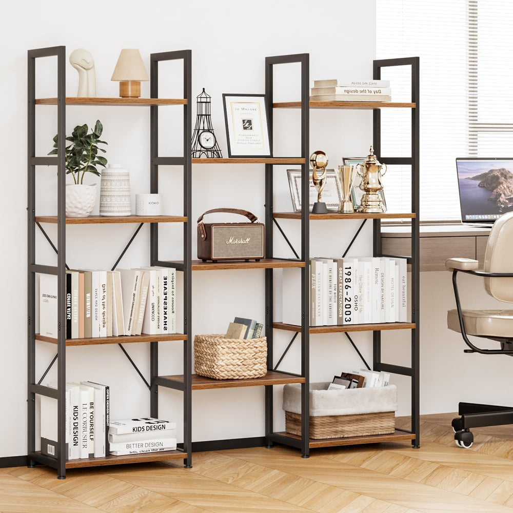NUMENN Triple Column 4 Tier Bookshelf with 11 Adjustable Shelves, Vintage