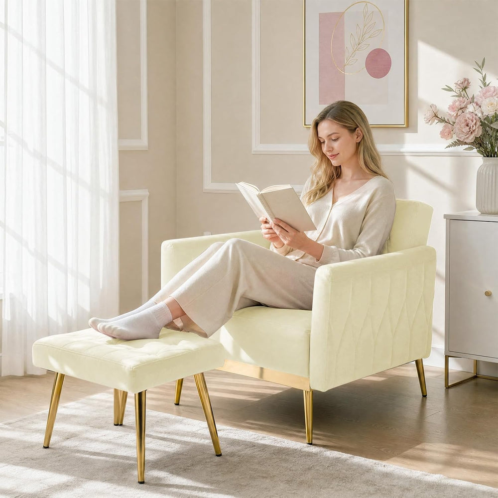 Velvet Accent Chair w/Ottoman & Adjustable Backrest, Beige