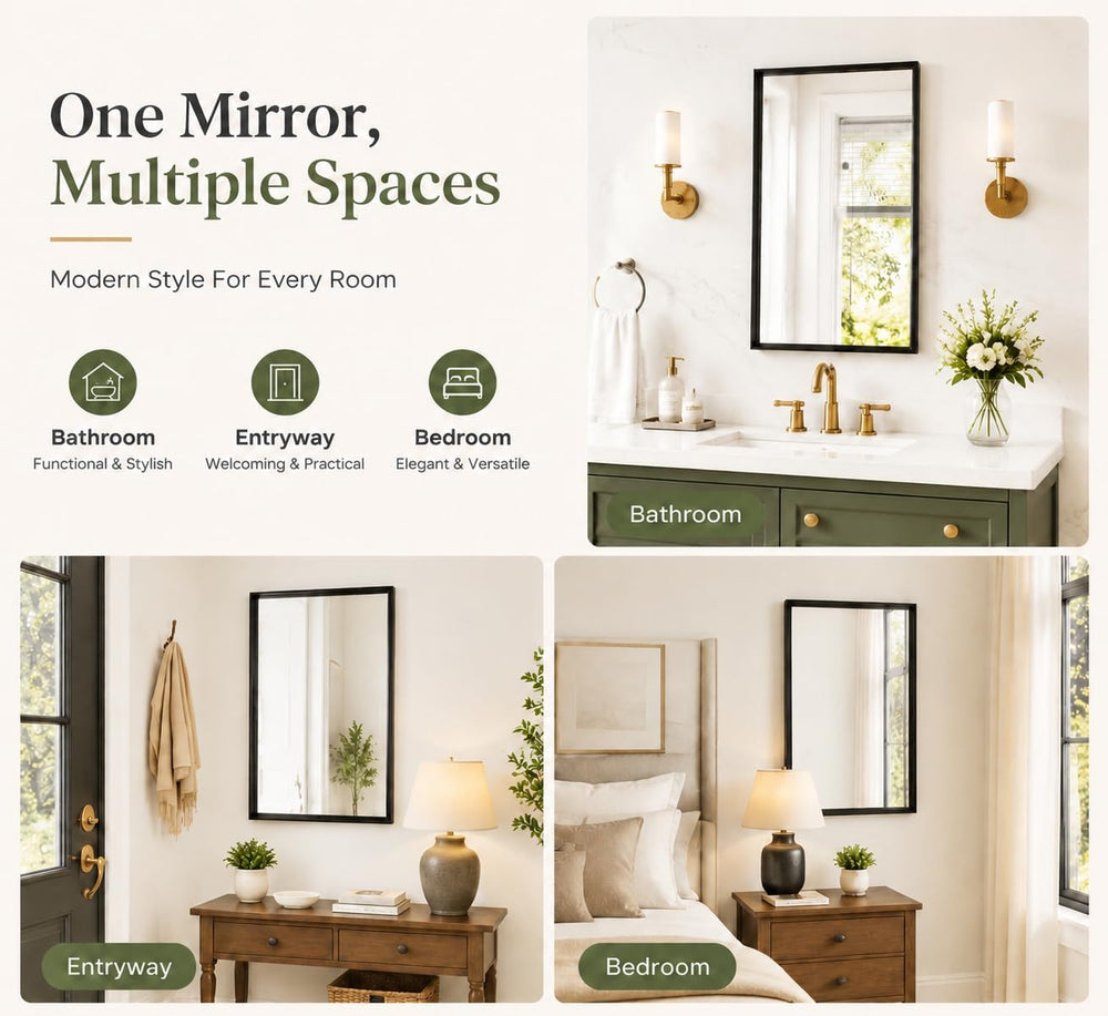 22x30 Inch Black Bathroom Mirror, Rectangular Vanity Mirror