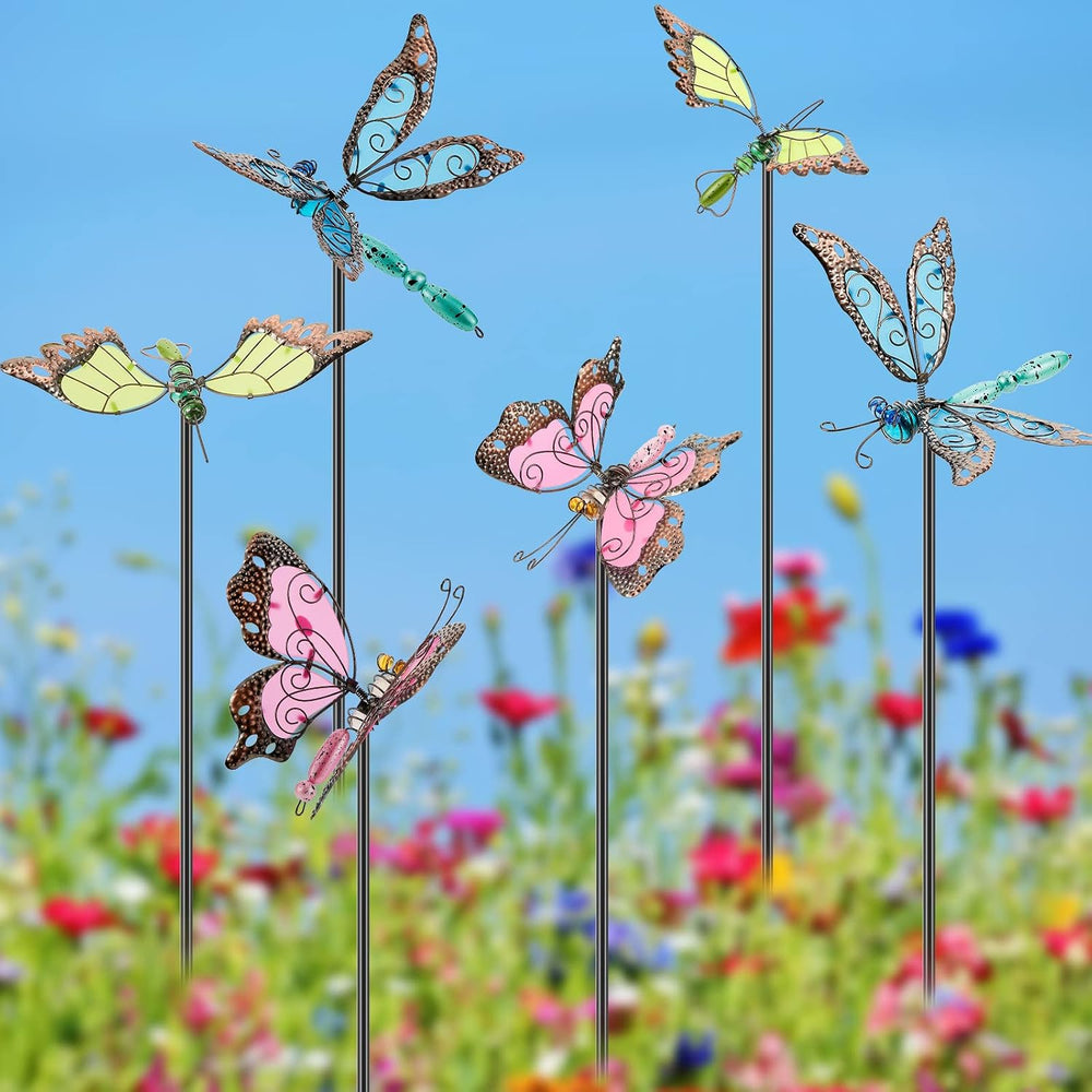 6 Pcs Metal Butterfly Garden Stakes Decor 34 Inch Dragonfly Hummingbird Butte...