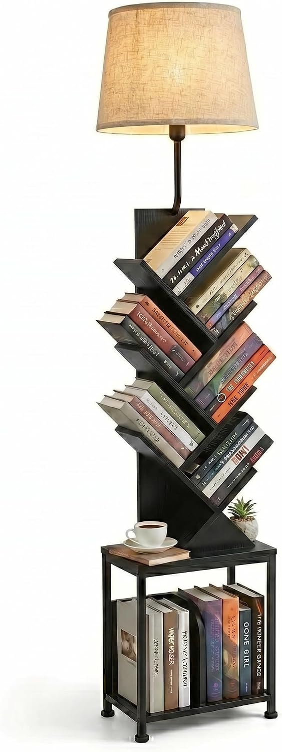 62" Tall Tree bookshelf cabinet, Oval Lamp Fabric Lightshade (Black)