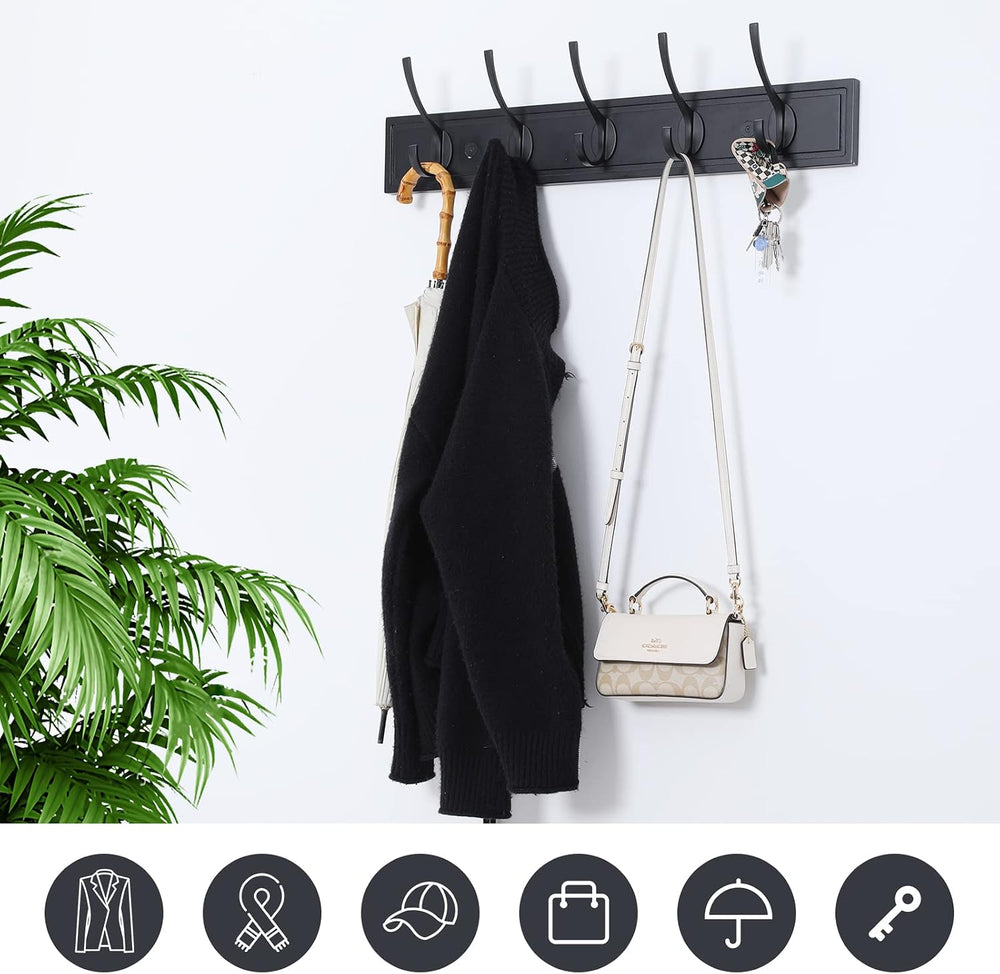 Wall Mounted Coat Rack, 27 Inch MDF Board with 5 Double Hooks, Black