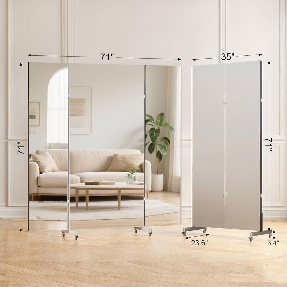 brisafe Tri-Fold Full Length NanoMirror with Wheels, 71 x 71 in, White
